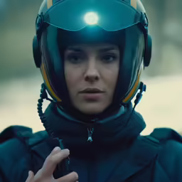 there is a woman wearing a helmet and pointing to the side