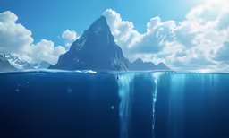 an artistic scene of the ocean with a mountain in the distance