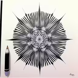 a black and white illustration with a pen in front of it,a drawing of a black and white flower on a white sheet