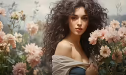 a portrait of a woman in a field of flowers