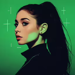 a woman is wearing a black shirt and wearing ear piercings,this is a digital art picture of a woman with long hair