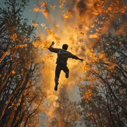 the person with the backpack is jumping in the air