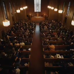 a church with a row of pews with people seated