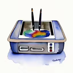a drawing of two different colored items and ink,a watercolor and ink painting of a device