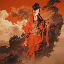 the woman is wearing an orange dress and flying a bird in the sky