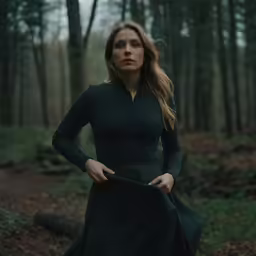 a woman standing on the road with her hands in her pockets