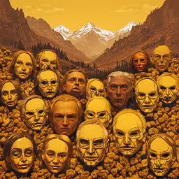 a series of heads that look like faces are surrounded by yellow mountains,a group of men with alien faces on them