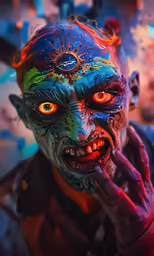 there is a male in blue and green paint with a clock on his face