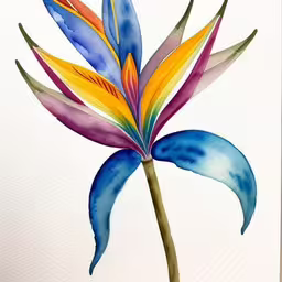 a watercolor painting of a flower that looks like a bird of paradise,an abstract painting of a flower that is painted in watercolor on white paper