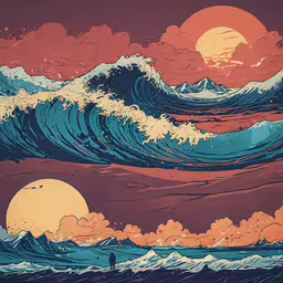 a sunset scene of the ocean with a giant wave in the foreground,a painting of waves and a sky with sun