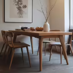 a vase with flowers sitting on a wooden table