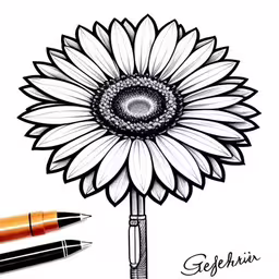 an image of a sunflower and some markers,a drawing of a sunflower and two pens