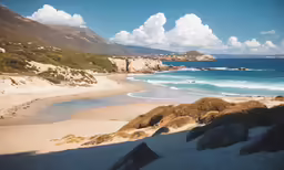 the view of a beach and mountains from an outside balcony
