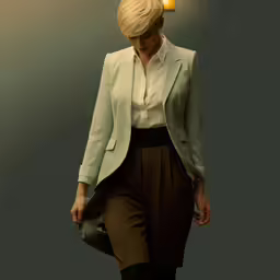 a woman is in a business suit and heels, walking past a light