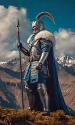 a statue of a man in armor holding a spear and shield