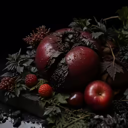 a still life showing a large amount of fruit