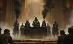 a scene from star wars, with many men in armor, and a person standing on the