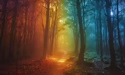 a trail going through the woods with colorful lighting coming through