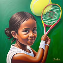there is a painting of a young girl with a tennis racket,a painting of a girl holding a tennis racket