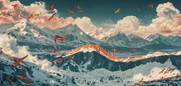 a painting of a mountain scene with red birds flying in the air and hills,a beautiful view of a mountain range with some birds flying in the air