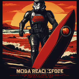 a person wearing a helmet carrying a red surfboard,an old poster of a person in a spacesuit with a surfboard