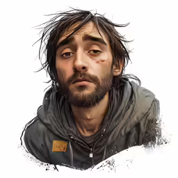 a man with a messy face and dark jacket