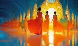 three women are walking down a path in bright dresses