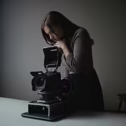 woman sitting at a table using a small tripod