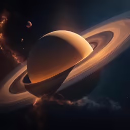 saturn seen from the front with its four moon bodies and rings