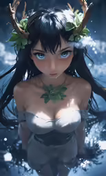 anime illustration of a woman wearing deer antlers and clothing