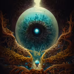 a person standing under an eye with plants on it