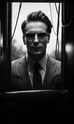 man with glasses and suit looking out the door