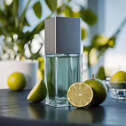 limes and a bottle of perfume sitting on top of a counter