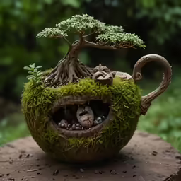 a little bonsai tree in a pot with a funny face on it