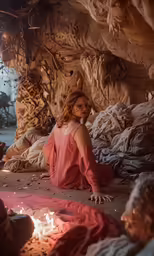 there is a woman sitting on the ground next to a cave