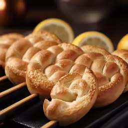 baked bread on sticks with lemon slices