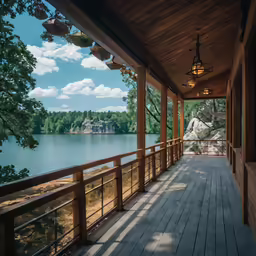 the long covered porch overlooks an expansive river and forest