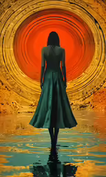 a person standing in front of a bright orange circle