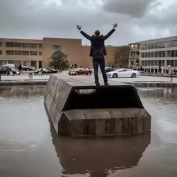 a man standing on a square object in the middle of water