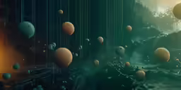 several planets flying in an array across space