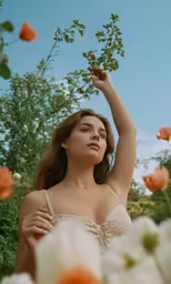 the woman has one hand on her head with flowers in the background