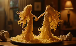 two sculptures of two women holding hands