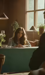 a woman is sitting at a table with a glass