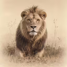 a male lion is sitting on the grass