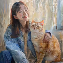 a painting of a smiling woman sitting next to a cat,a painting of a girl smiling with her orange cat