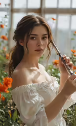 the girl is standing in the garden with an umbrella