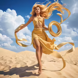 a woman in a long yellow dress with an artistically painted body in the sand