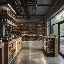 a store with wooden shelves and lots of bottles