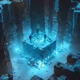 an icy forest with a mysterious light in the middle