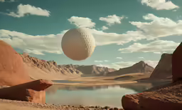 a white balloon is flying over water in the mountains